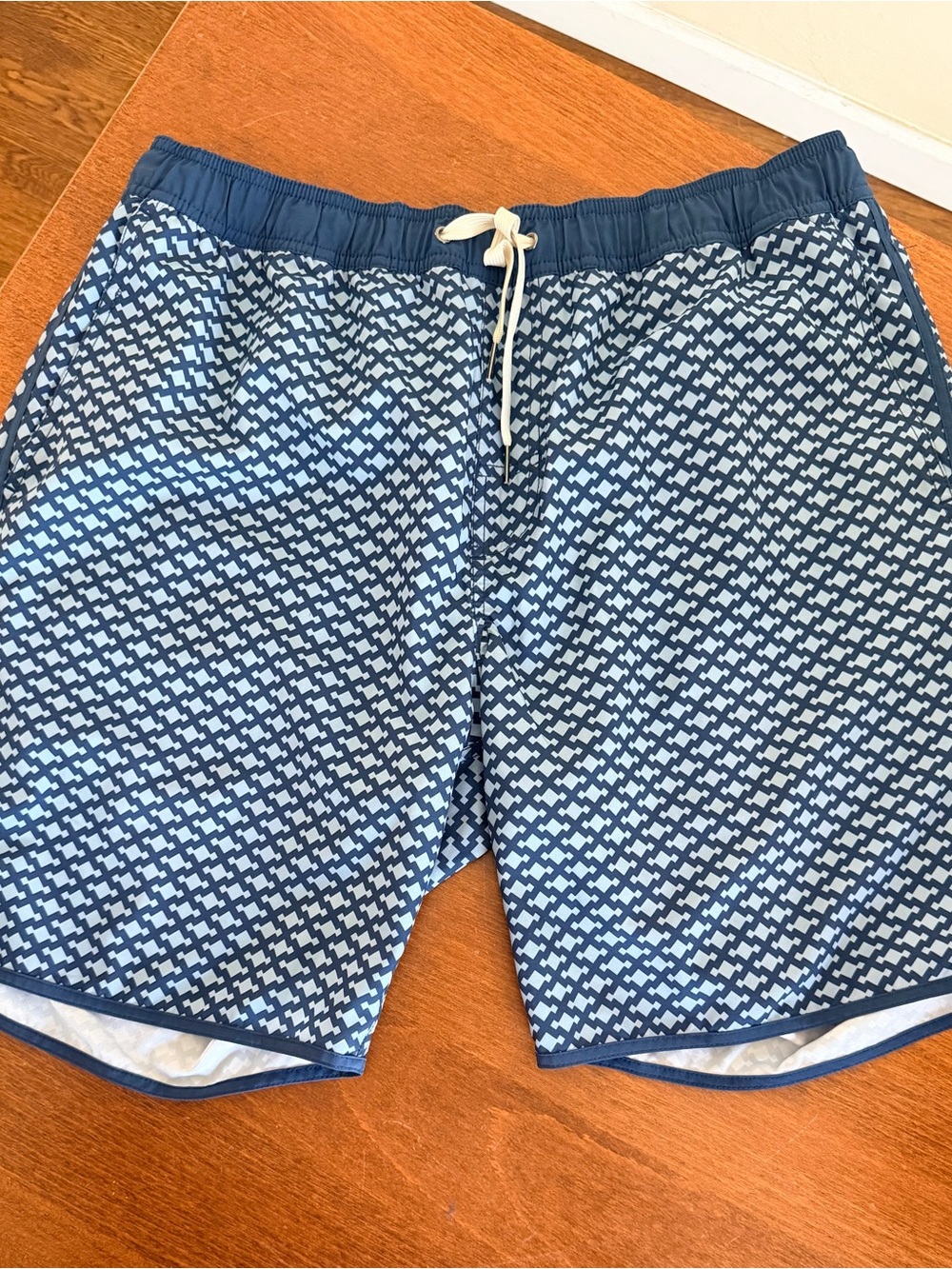 Fair Harbor Navy and Light Blue Geometric Swim Trunks